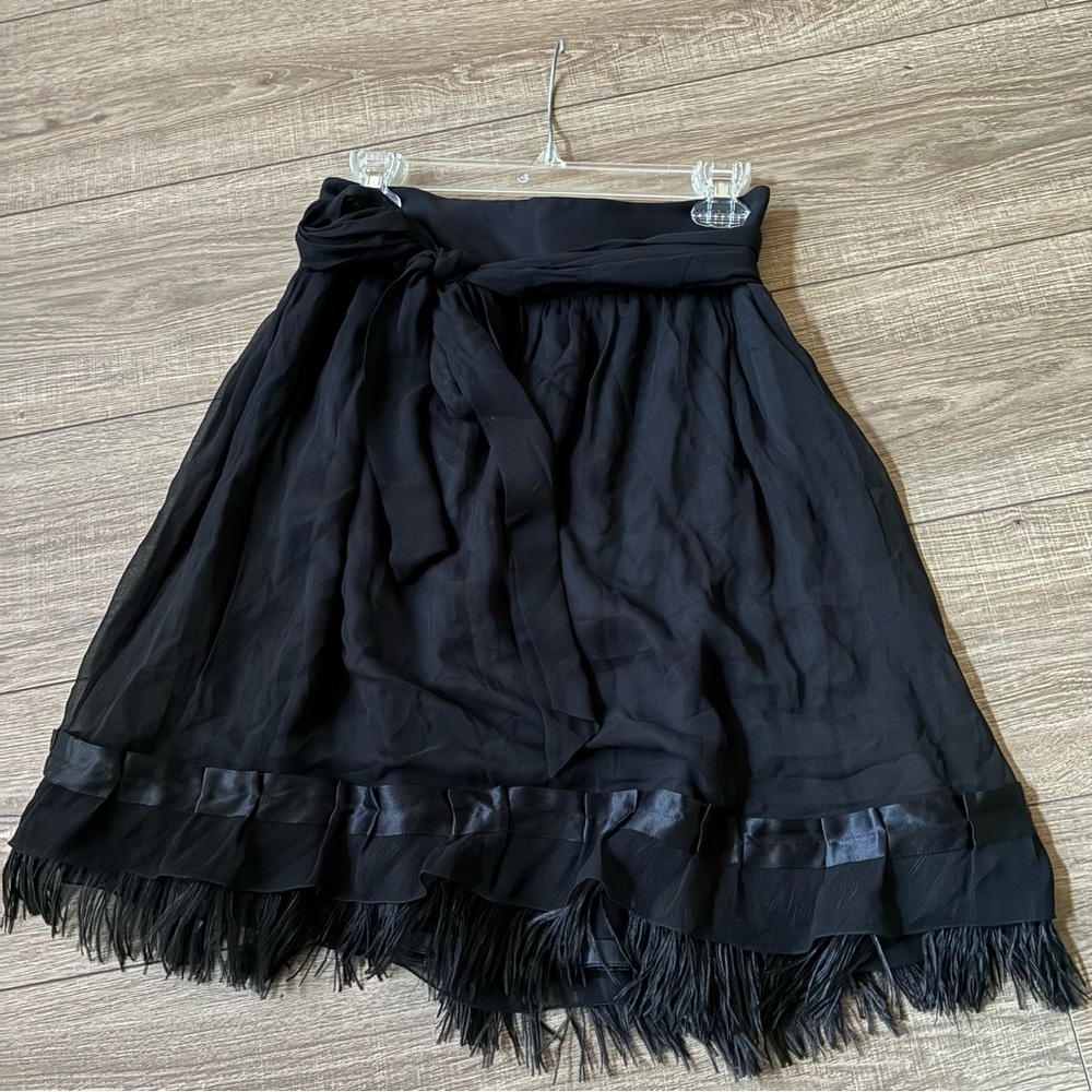 Elie Tahari Black Midi Skirt with Fringe, silk , 10